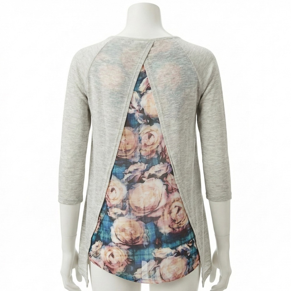 Decree Grey Floral Mixed Media Split Back Knit Top Small